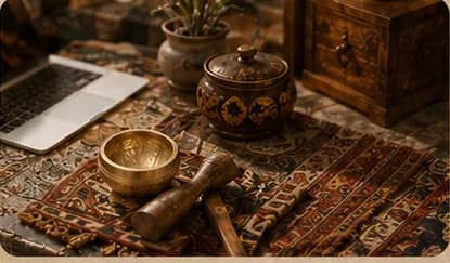 Mini singing bowl and striker on a calm desk surface