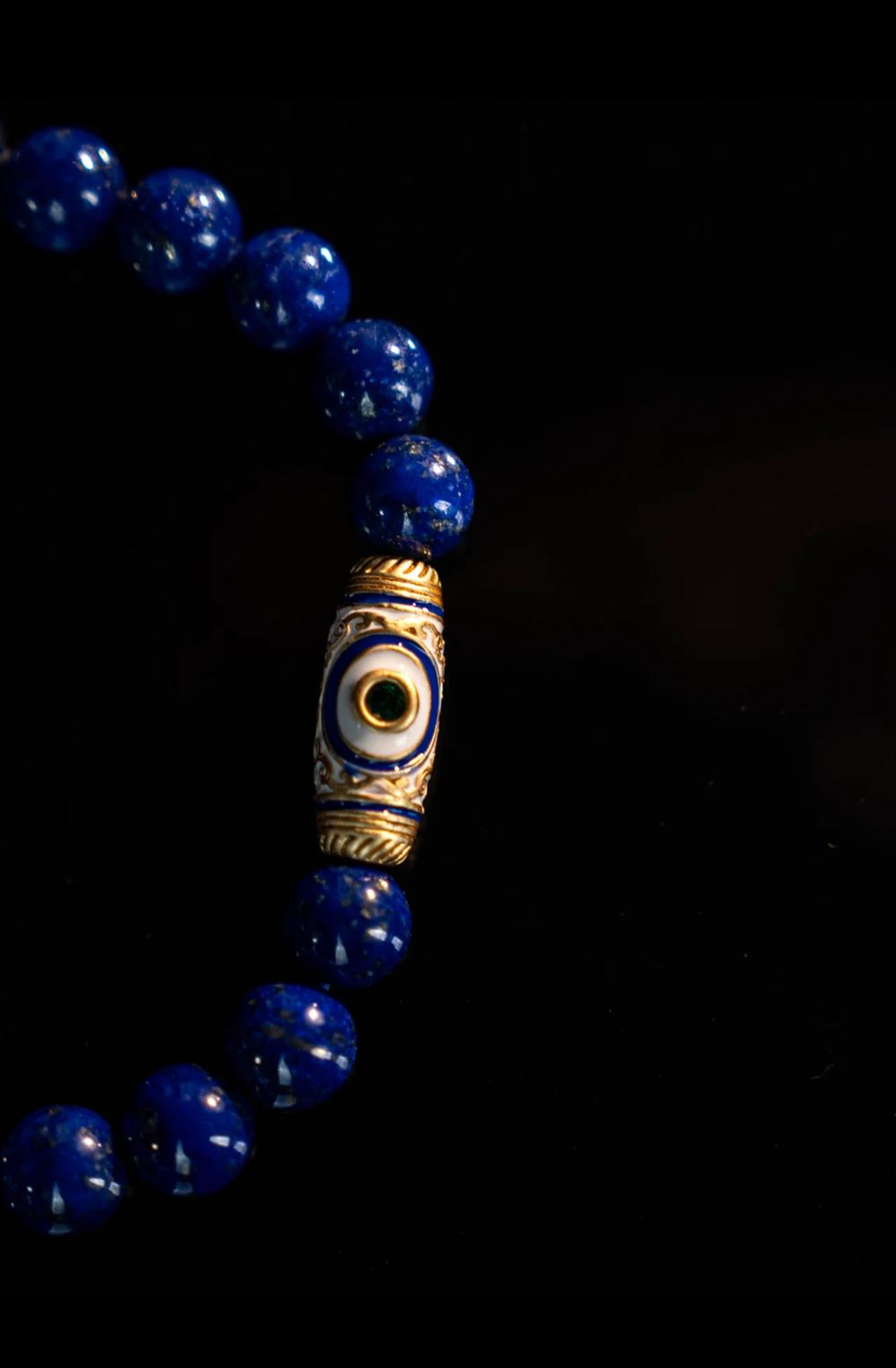 Deep Blue Lapis Bracelet with Dzi-Style Focal Bead detail