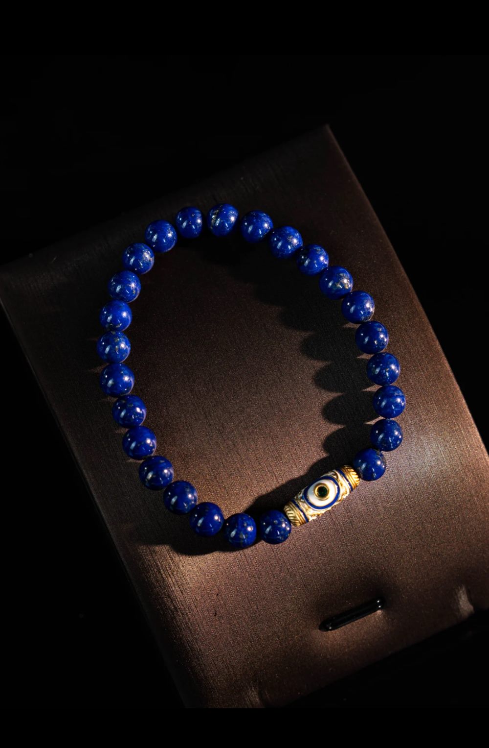 Deep Blue Lapis Bracelet with Dzi-Style Focal Bead