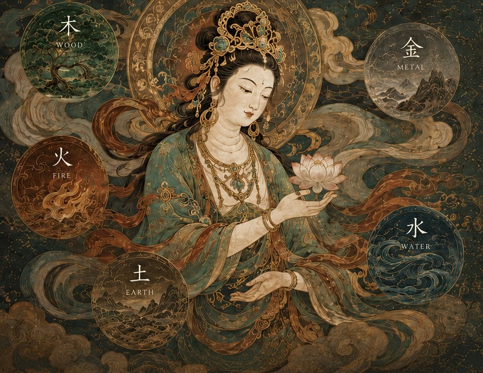 Guanyin among the Five Elements — mural-style brand artwork