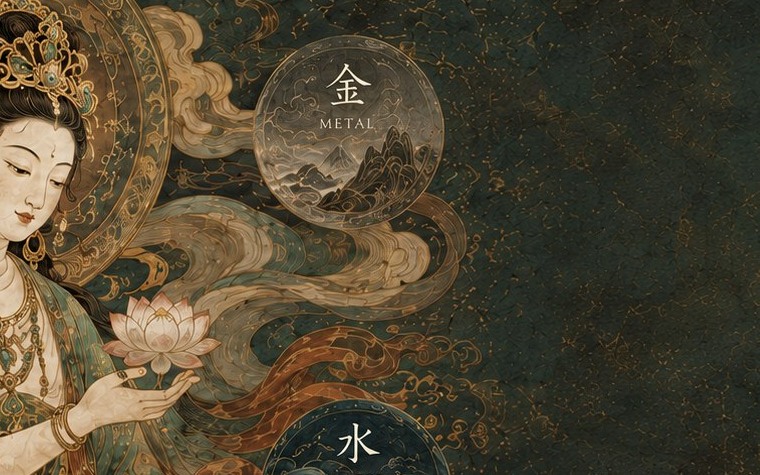 Guanyin's halo and the metal medallion among mural clouds