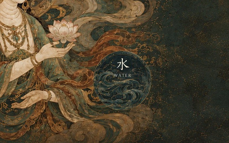 A lotus held in Guanyin's hand beside the water medallion