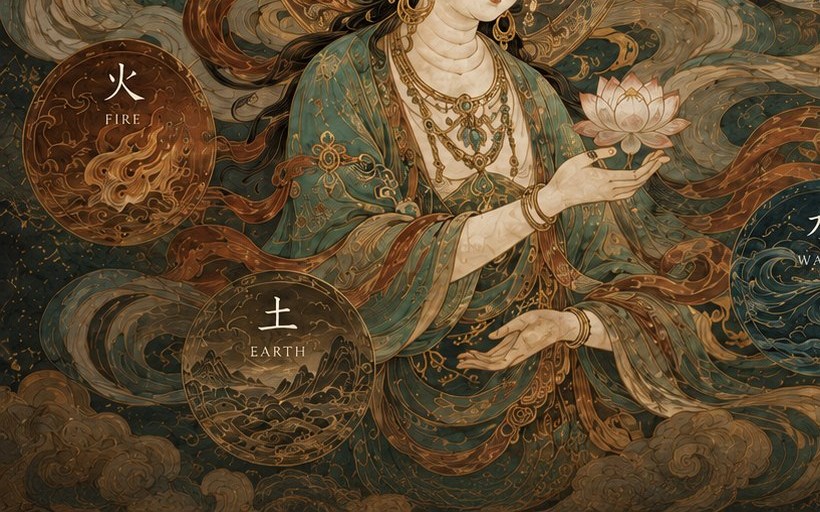 Fire and Earth medallions among flowing robes in the AuraSoul mural